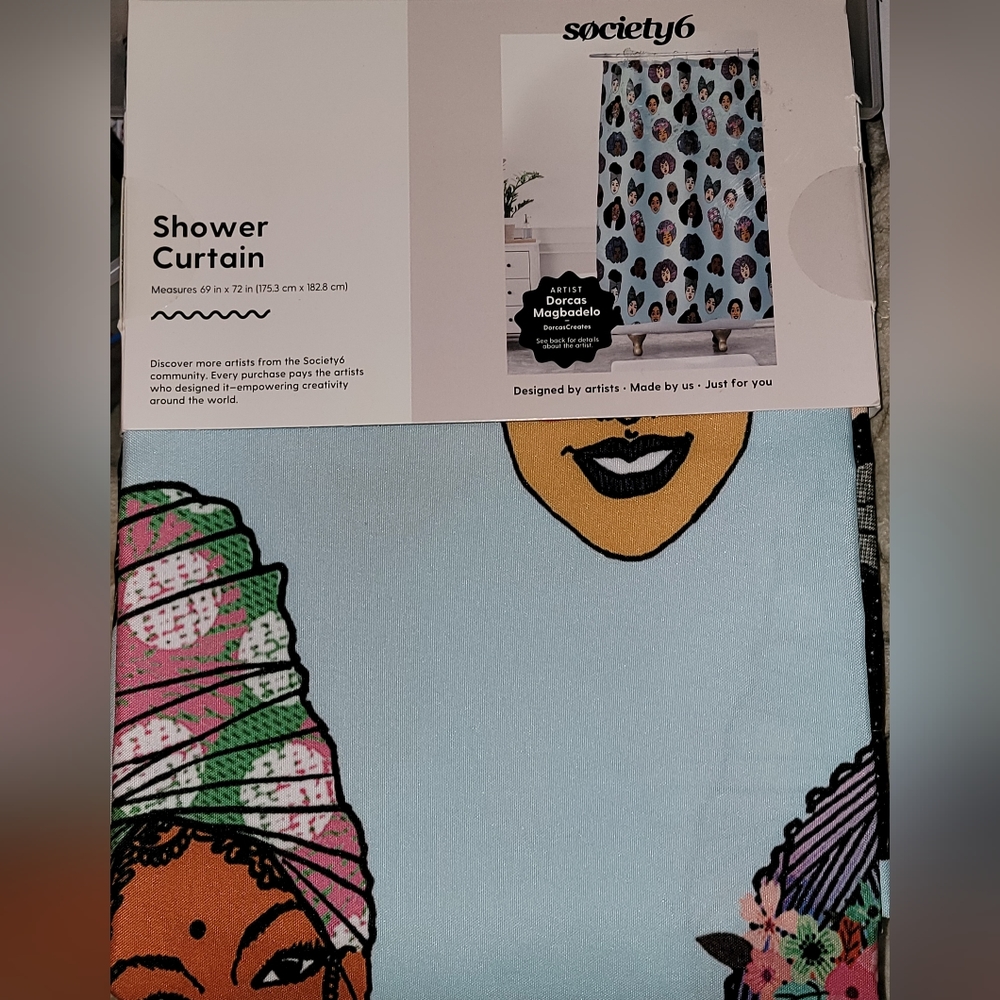$55 NWT society6 Many Black Faces Shower Curtain Black Art by Dorcas Creates
